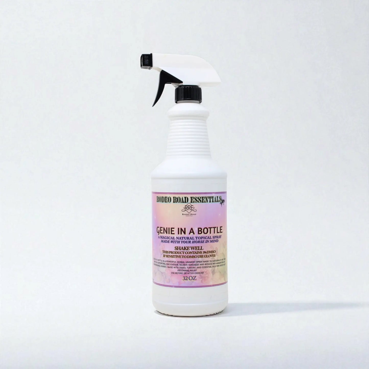 Single bottle of Genie In A Bottle Spray from Rodeo Road Essentials, emphasizing its use as a natural topical spray for horse care and recovery.