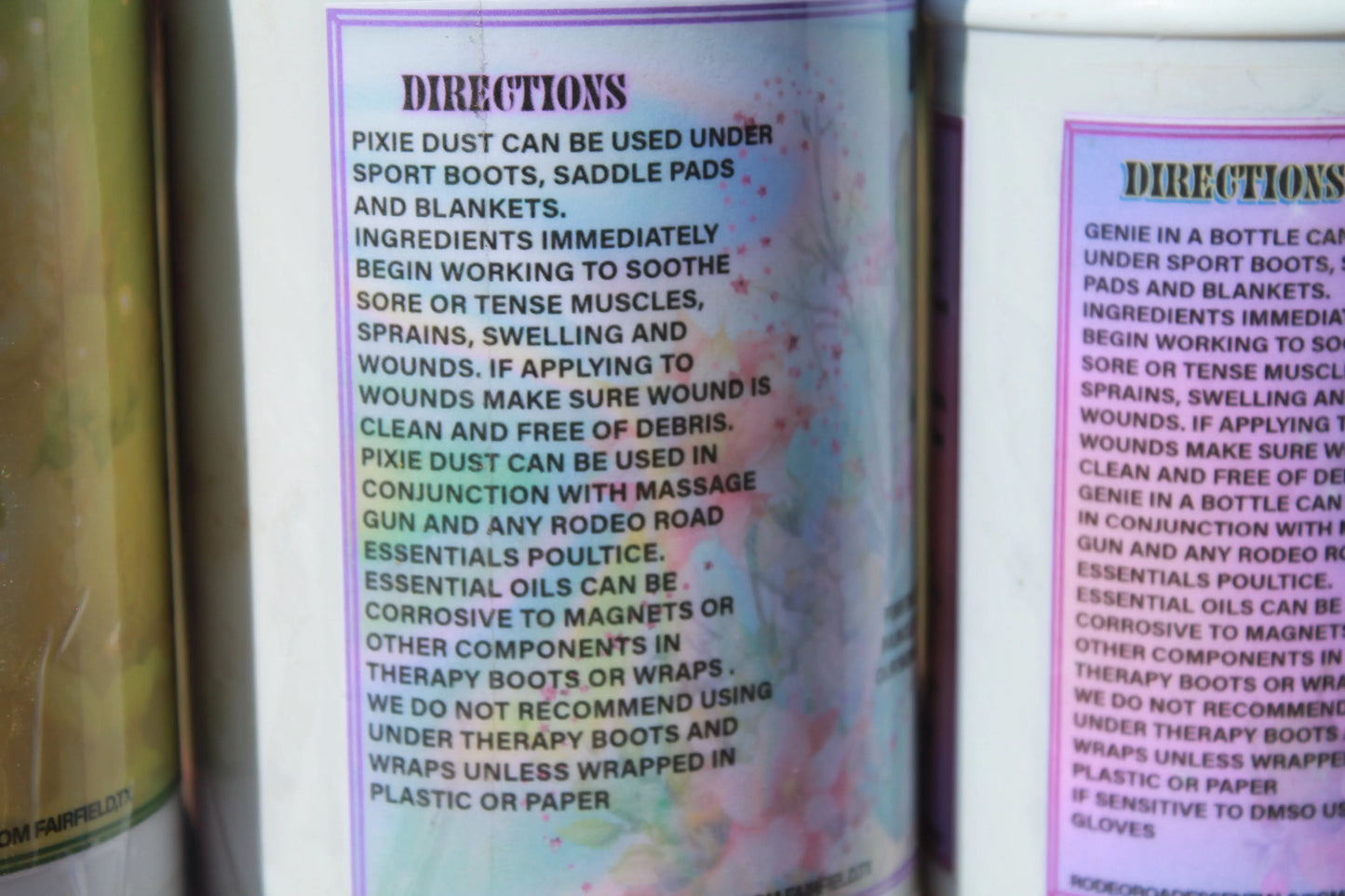 Directions for use of Rodeo Road Essentials Pixie Dust Spray - Instructions on applying the herbal mist for optimal muscle support and comfort for horses.