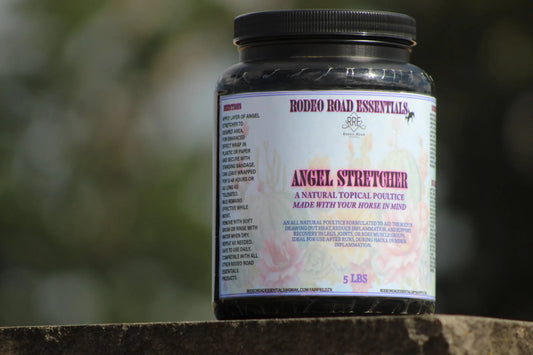 The Angel Stretcher by Rodeo Road Essentials, shown in natural light, displaying the product's label which emphasizes its role as a healing poultice for equine recovery.