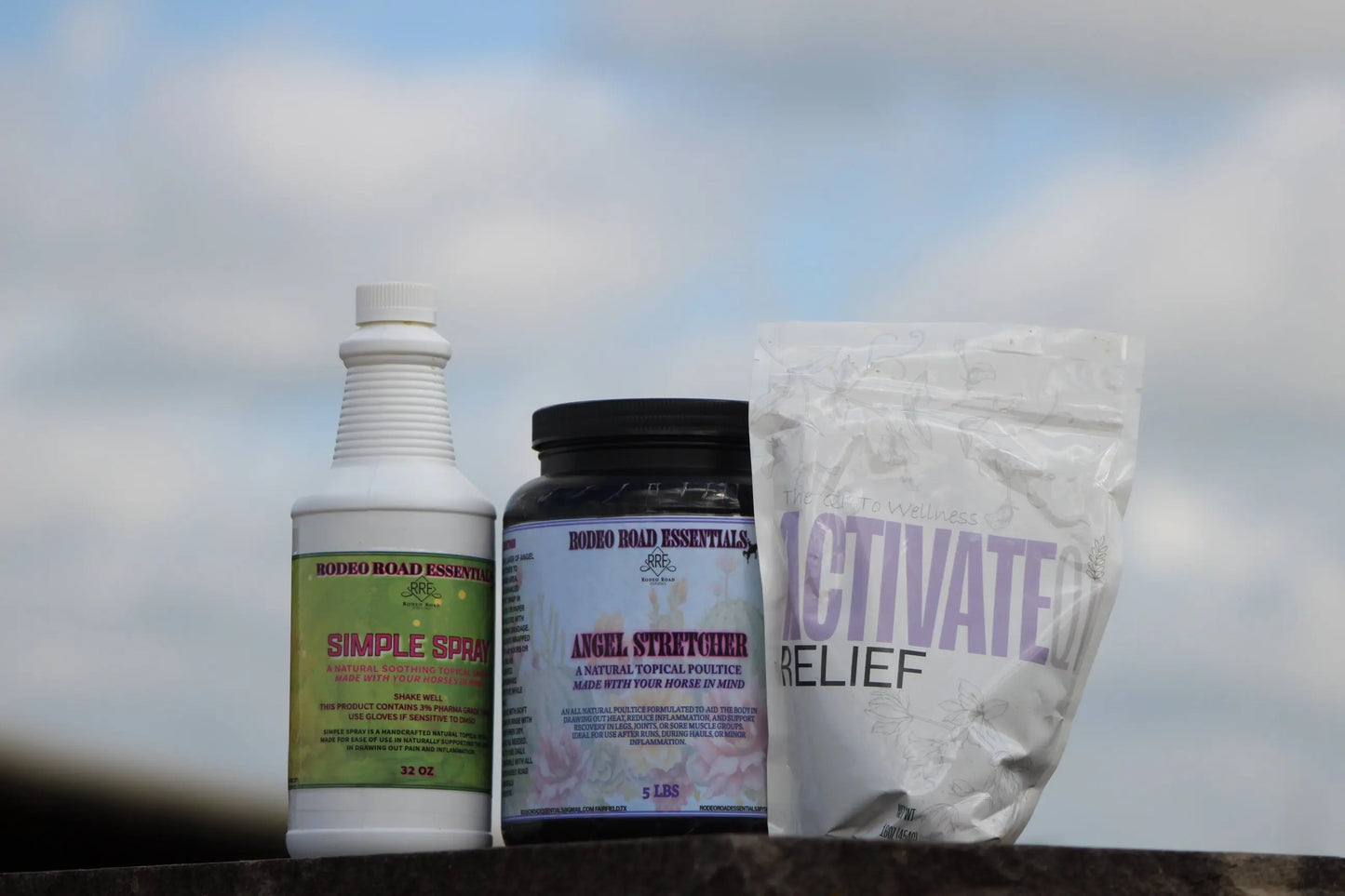 Rodeo Road Essentials Relief Bundle including ActivateQi Relief, Angel Stretcher Poultice, and Simple Spray providing essential support for pain relief and recovery.