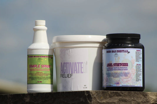 Effective Relief Bundle by Rodeo Road Essentials showcasing ActivateQi Relief, Simple Spray, and Angel Stretcher Poultice for optimal muscle and joint recovery.
