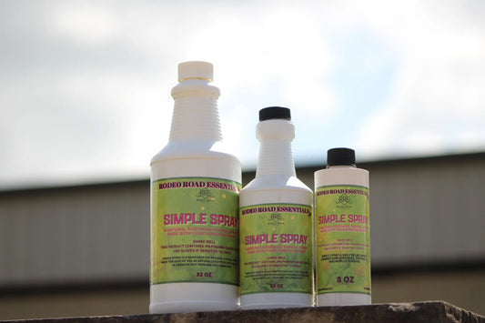 Rodeo Road Essentials Simple Spray in three different sizes, highlighting the Everyday Herbal Comfort Spray for horses' soothing needs.