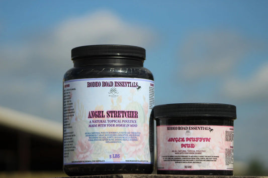 Close-up view of The Angel Stretcher & Angel Muffin Mud Bundle by Rodeo Road Essentials, showcasing the natural topical poultices for equine recovery and comfort.
