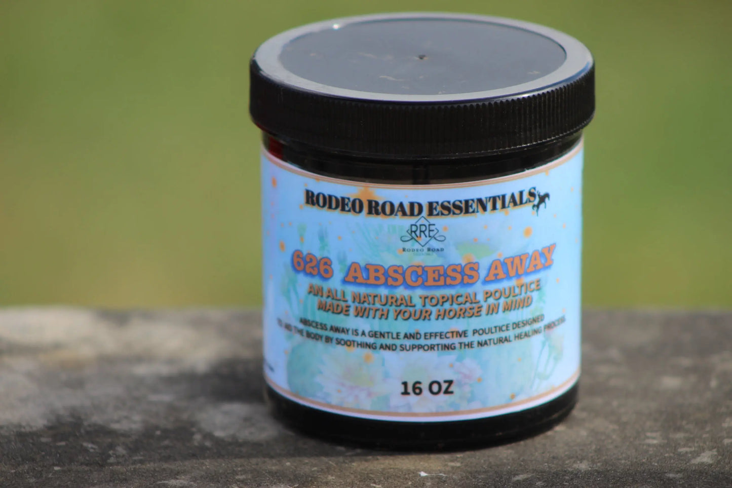 Abscess Away from Rodeo Road Essentials, designed for easy application to treat bruises and boost healing in horses.