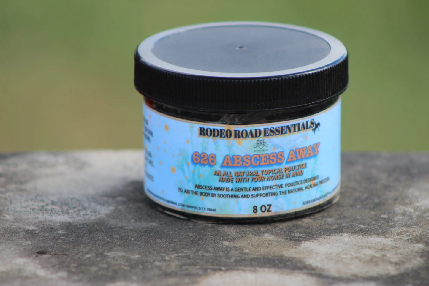 Rodeo Road Essentials' Abscess Away herbal poultice, showcasing its clay-based formula for soothing equine skin irritations.