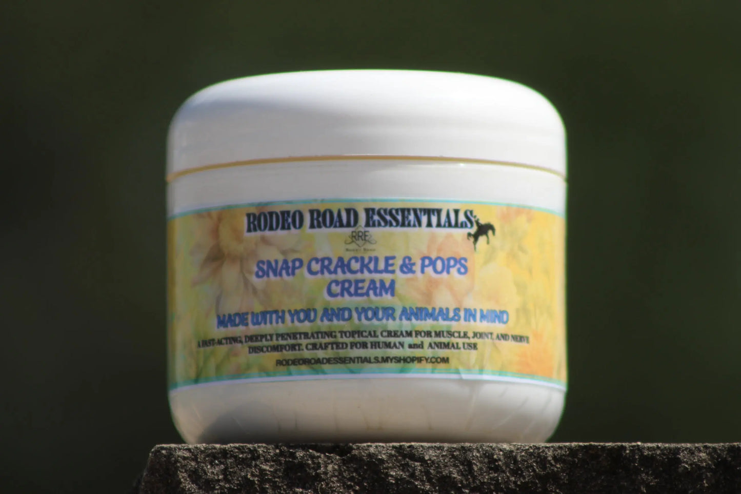 Close-up image of the Snap Crackle & Pops Cream by Rodeo Road Essentials, showcasing its packaging. Ideal for providing natural comfort and relief from muscle, joint, and stiffness issues.