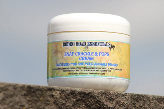Another angle of the Snap Crackle & Pops Cream by Rodeo Road Essentials, emphasizing its mess-free application. Perfect for soothing aches and nourishing skin for both humans and animals.