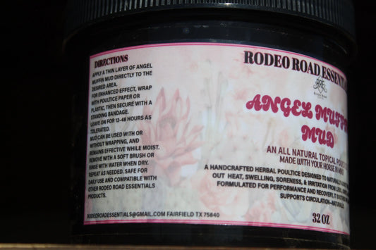 Close-up of Angel Muffin Mud jar instructions, showcasing the all-natural herbal poultice benefits for horse care.