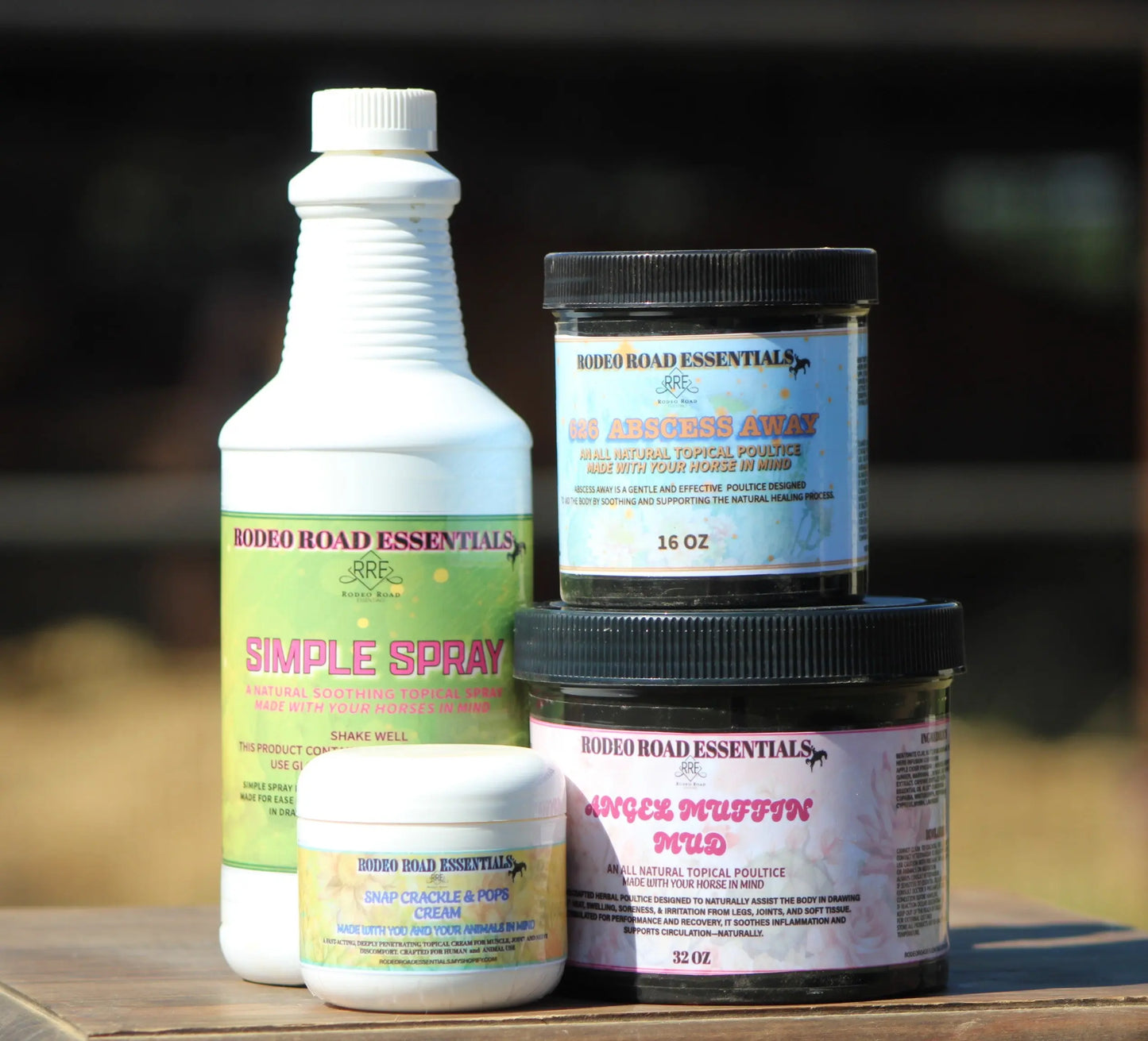 Rodeo Road Essentials The Essential Kit with Simple Spray, Abscess Away, and Cracker and Pop cream, designed to support your equine athlete's well-being.
