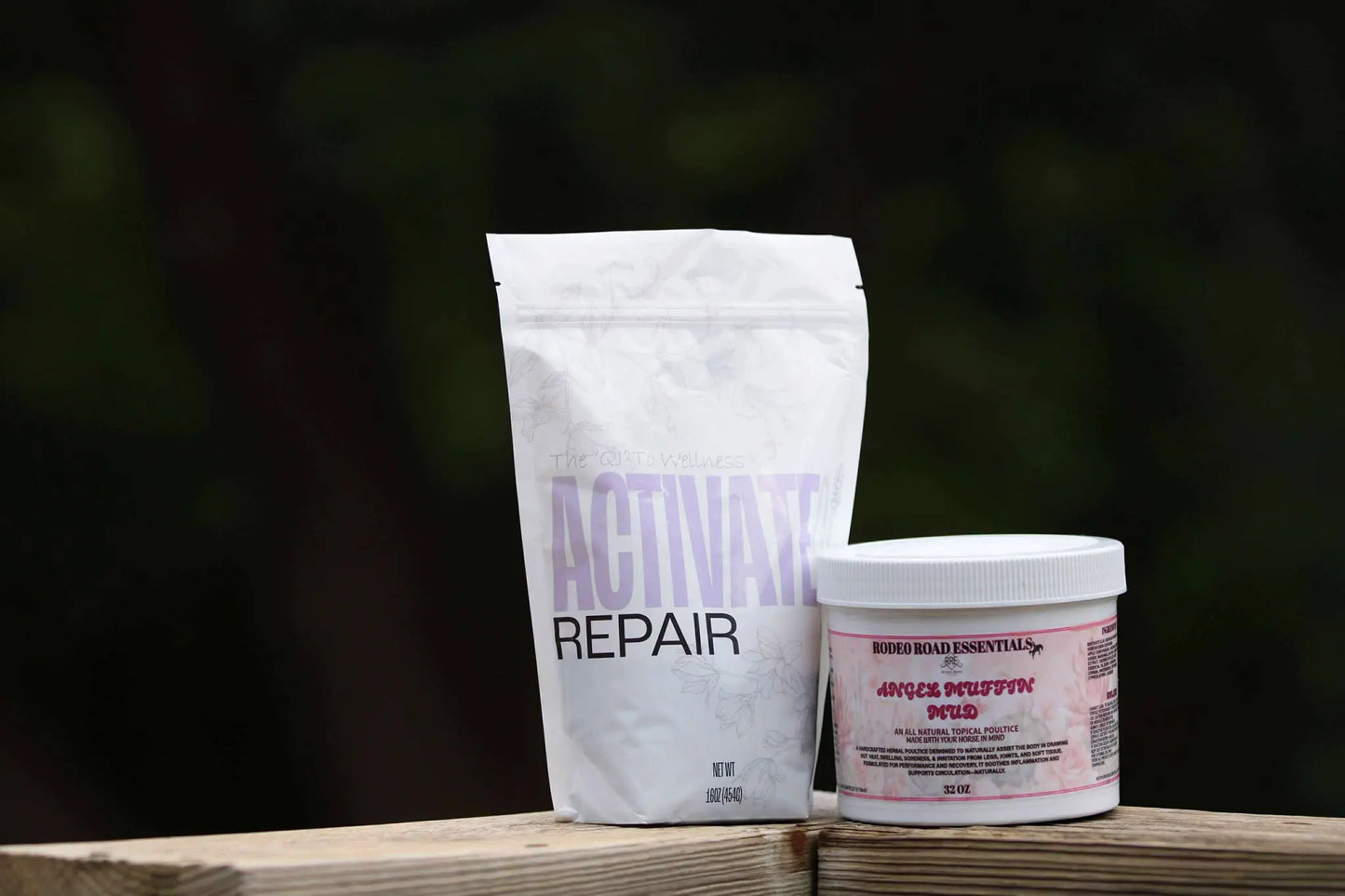 Rodeo Road Essentials Repair Bundle featuring ActivateQi Repair and Angel Muffin Mud, designed for comprehensive equine recovery to support horses in overcoming trauma and strain.