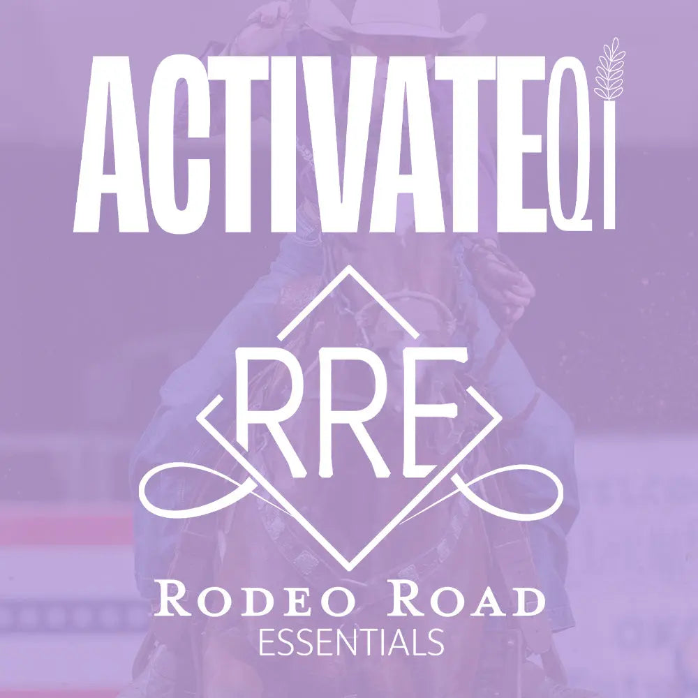 Promotional image for the 'ActivateQi with Rodeo Road Essentials - Complete Recovery' collection featuring the logos of ActivateQi and Rodeo Road Essentials, showcasing a partnership focused on natural healing and recovery for equine athletes.