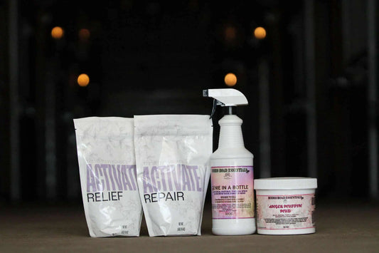 The 360° Equine Recovery Bundle by Rodeo Road Essentials featuring four essential products: Activate Relief and Repair powders, Genie In A Bottle spray, and Angel Muffin Mud poultice, designed to enhance recovery for high-performance horses.