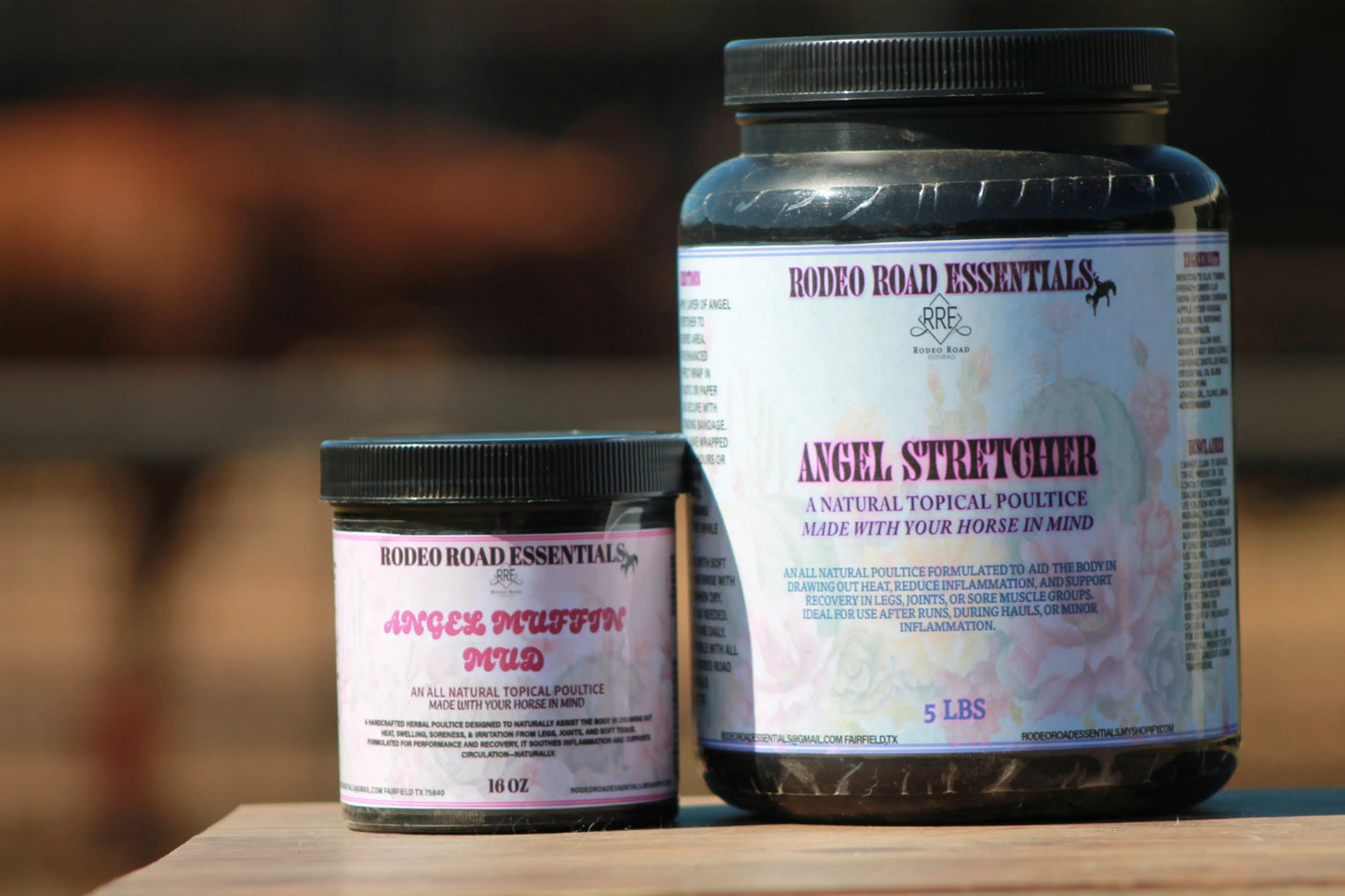 The Angel Stretcher & Angel Muffin Mud Bundle by Rodeo Road Essentials displayed together, highlighting premium natural products for optimal horse recovery and alleviation of fatigue.