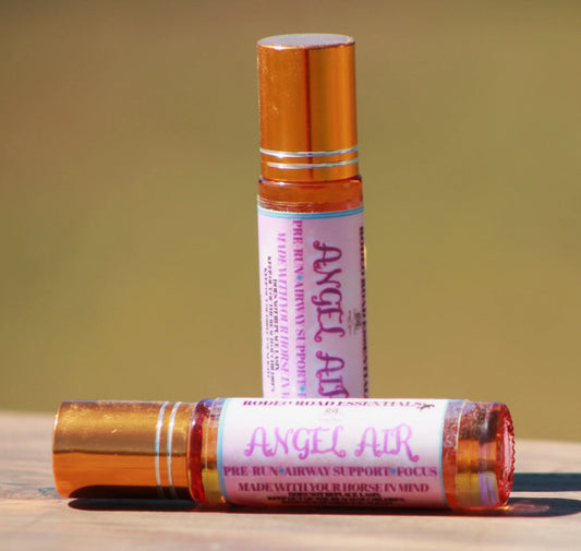 Angel Air aromatherapy roll-on for horses, specially designed for pre-run focus and respiratory support. Enhance your horse's performance with this essential oil blend.