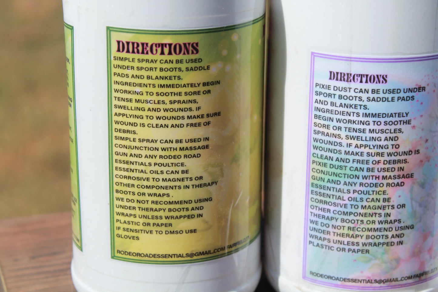 Close-up of Rodeo Road Essentials Simple Spray instructions and uses, showcasing the Everyday Herbal Comfort Spray benefits for horse care.