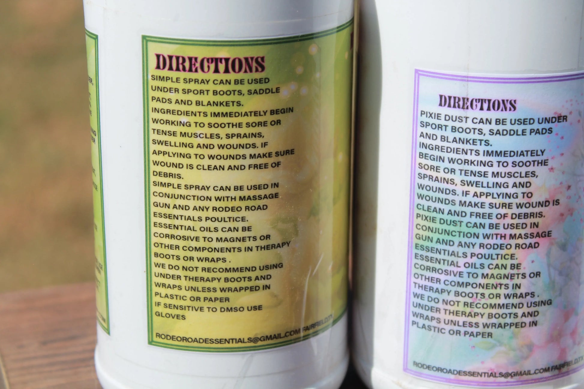 Close-up of Rodeo Road Essentials Simple Spray instructions and uses, showcasing the Everyday Herbal Comfort Spray benefits for horse care.