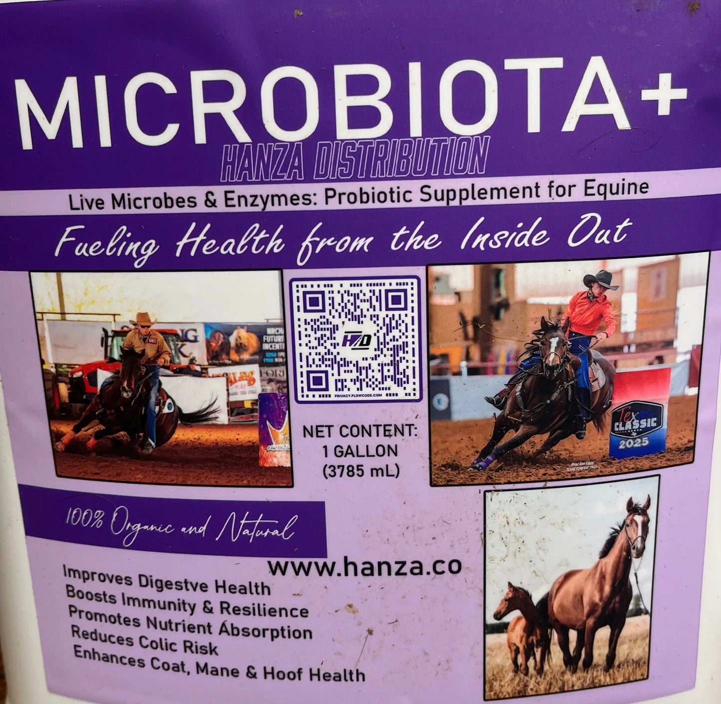 Micro-Biota Probiotic – Advanced Gut & Immune Support for Livestock, showcasing a 1-gallon bottle of the probiotic supplement for equine use, emphasizing digestive health, immunity, and resilience in livestock. Image features equine athletes in action, highlighting the product's benefits for gut health and probiotic efficacy.