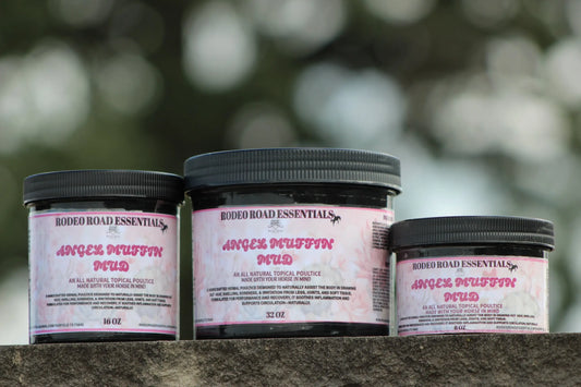 Angel Muffin Mud – All-natural topical poultice jars in various sizes displayed outdoors, ideal for recovery of sore legs and joints.