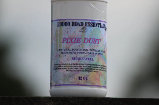 Rodeo Road Essentials Pixie Dust Spray - A natural soothing topical spray designed for muscle relief, featuring a gentle formula for horse care.