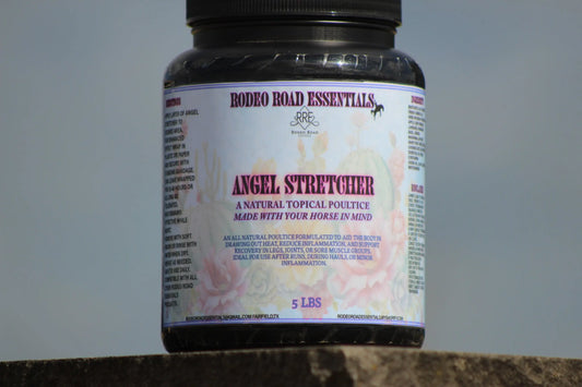 The Angel Stretcher by Rodeo Road Essentials, a natural topical poultice designed for soreness and swelling in horses, featured in a close-up view highlighting the container's label.
