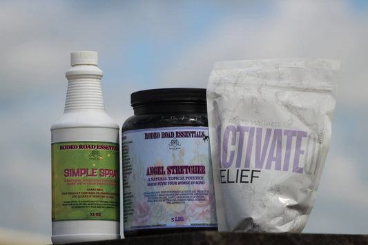 Relief Bundle from Rodeo Road Essentials featuring ActivateQi Relief, Angel Stretcher Poultice, and Simple Spray for effective recovery and inflammation support.