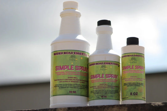 Rodeo Road Essentials Simple Spray 32 oz bottle, the Everyday Herbal Comfort Spray designed for natural soothing and muscle relief for horses.