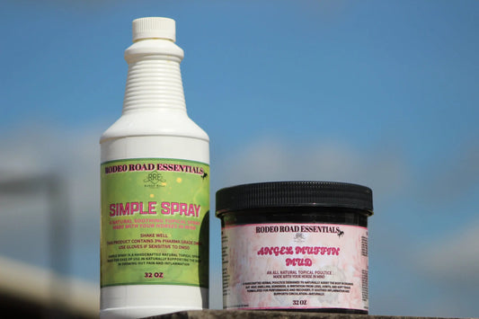 Angel Muffin Mud & Simple Spray Bundle by Rodeo Road Essentials, featuring a bottle of Simple Spray and a container of Angel Muffin Mud, designed for soothing care of horses.