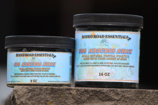 Abscess Away Herbal Poultice from Rodeo Road Essentials for effective hoof and skin care, treating infections and thrush.