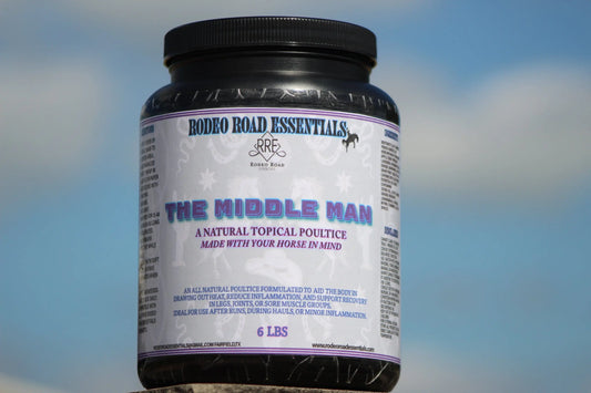 The Middle Man Poultice by Rodeo Road Essentials, a 6 lb tub designed for muscle and joint recovery in performance horses, featuring natural ingredients for effective recovery support.