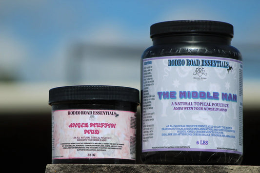 Muffin Mud & Middle Man Bundle by Rodeo Road Essentials featuring two recovery products, including the Angel Muffin Mud and The Middle Man topical poultice, ideal for horse health and recovery.