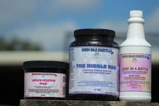 The Hard Worker Bundle by Rodeo Road Essentials featuring Angel Muffin Mud, The Middle Man, and Genie In A Bottle, designed for performance horses to enhance well-being and optimize performance.