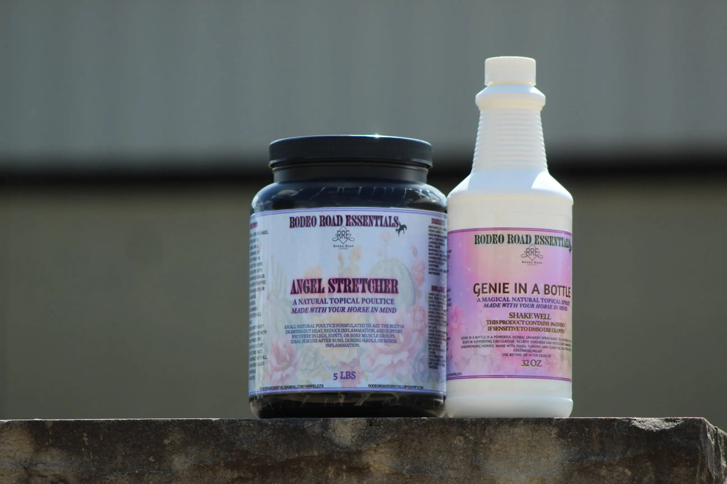 Close-up of the Genie In A Bottle & Angel Stretcher Bundle by Rodeo Road Essentials, showcasing the natural topical poultice and soothing herbal liniment designed for optimal equine care.