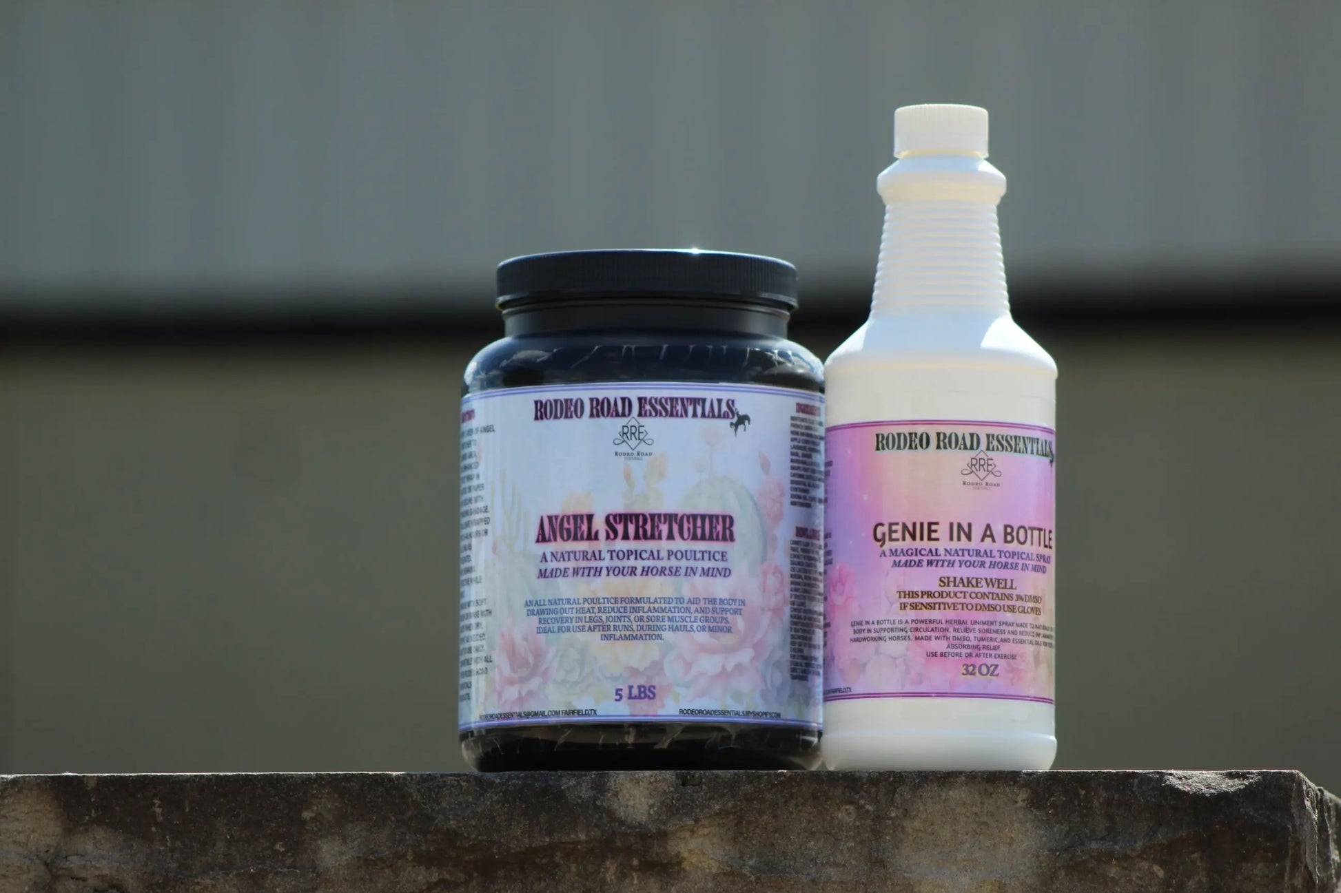 Close-up of the Genie In A Bottle & Angel Stretcher Bundle by Rodeo Road Essentials, showcasing the natural topical poultice and soothing herbal liniment designed for optimal equine care.