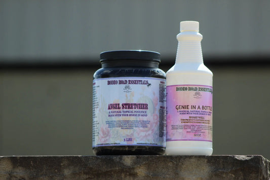 Close-up of the Genie In A Bottle & Angel Stretcher Bundle by Rodeo Road Essentials, showcasing the natural topical poultice and soothing herbal liniment designed for optimal equine care.