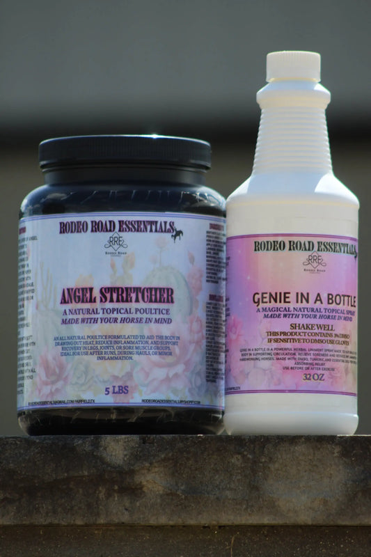 Genie In A Bottle & Angel Stretcher Bundle by Rodeo Road Essentials displayed together, featuring the herbal liniment and muscle support products for horses.