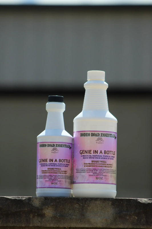 Genie In A Bottle Spray by Rodeo Road Essentials displayed in two sizes, showcasing the powerful herbal liniment designed for performance horses.