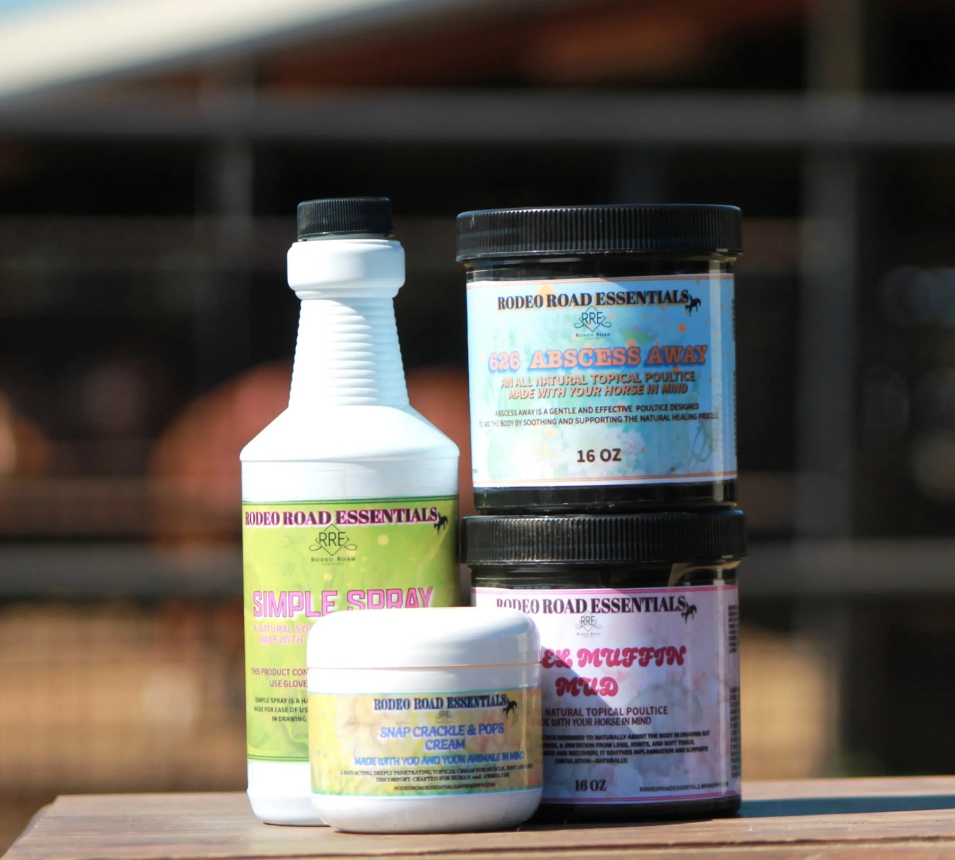 Rodeo Road Essentials The Essential Kit featuring Simple Spray, Abscess Away, and Cracker and Pop cream, highlighting essential equine products for optimal care.