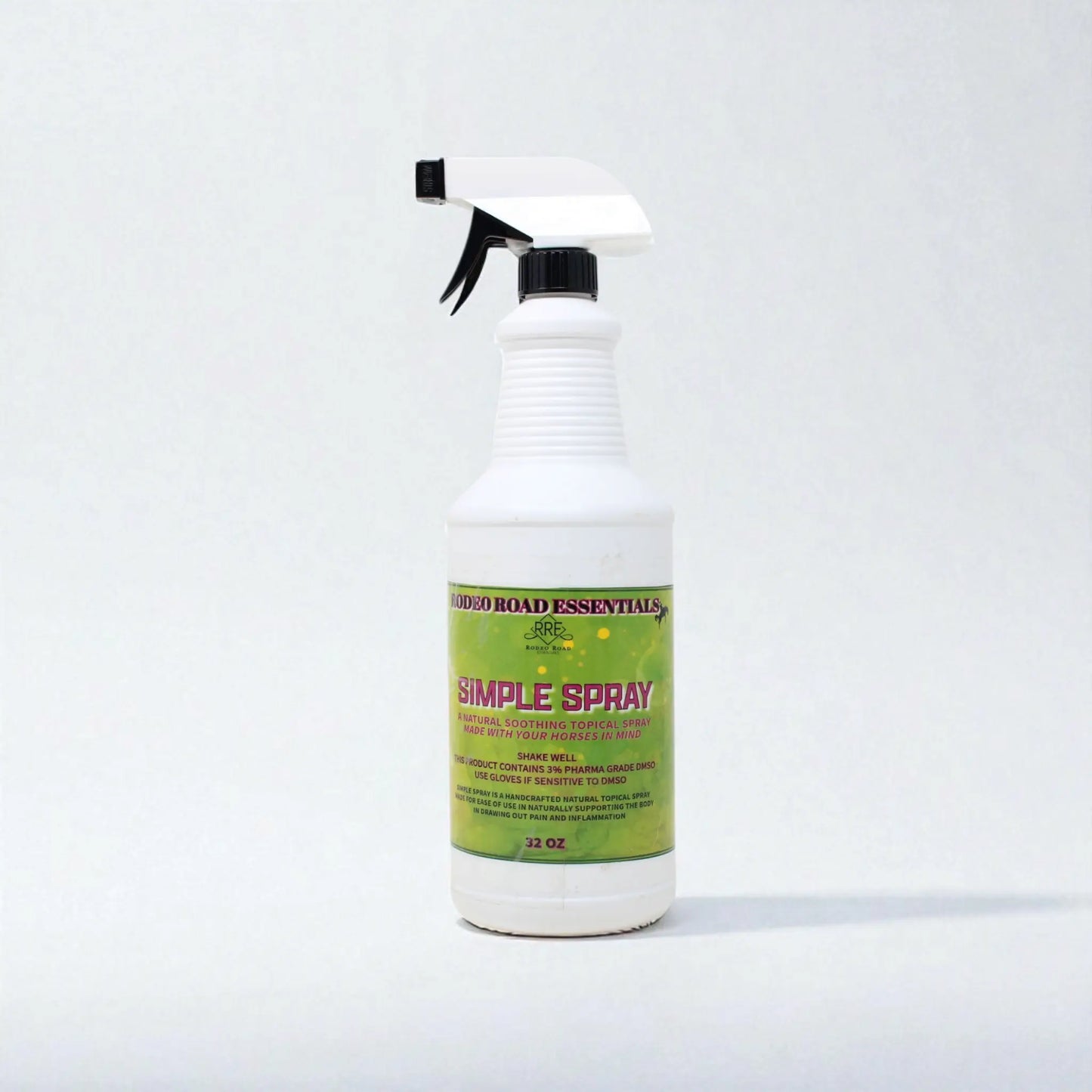 Rodeo Road Essentials Simple Spray 32 oz bottle on a plain background, emphasizing its role as the Everyday Herbal Comfort Spray for horse relief.
